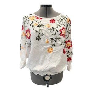 Anneliese Embroidered Floral Blouse White Long Sleeve Round Neck Women's M